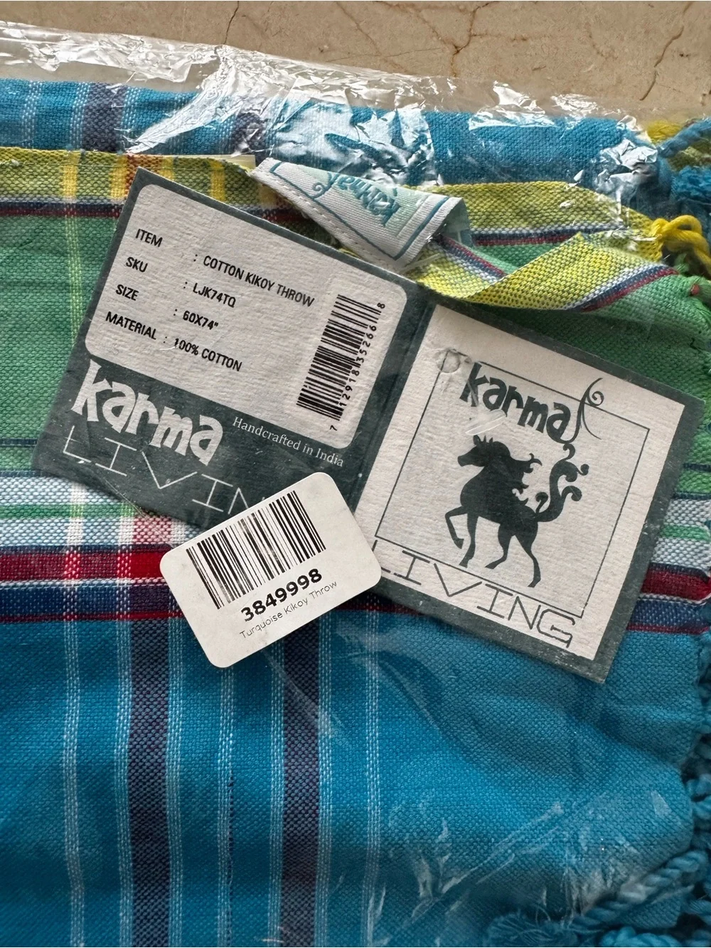 NWT Karma Living Cotton Kilkoy Throw w/ Fringe - Teal Blue Green 60 x 74 HUGE